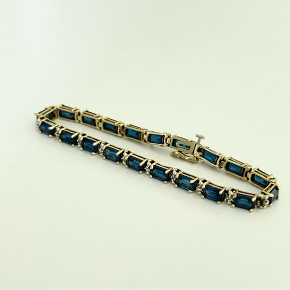 Solid 14k Yellow Gold Sapphire & Diamond Tennis Bracelet - Picture 7 of 16